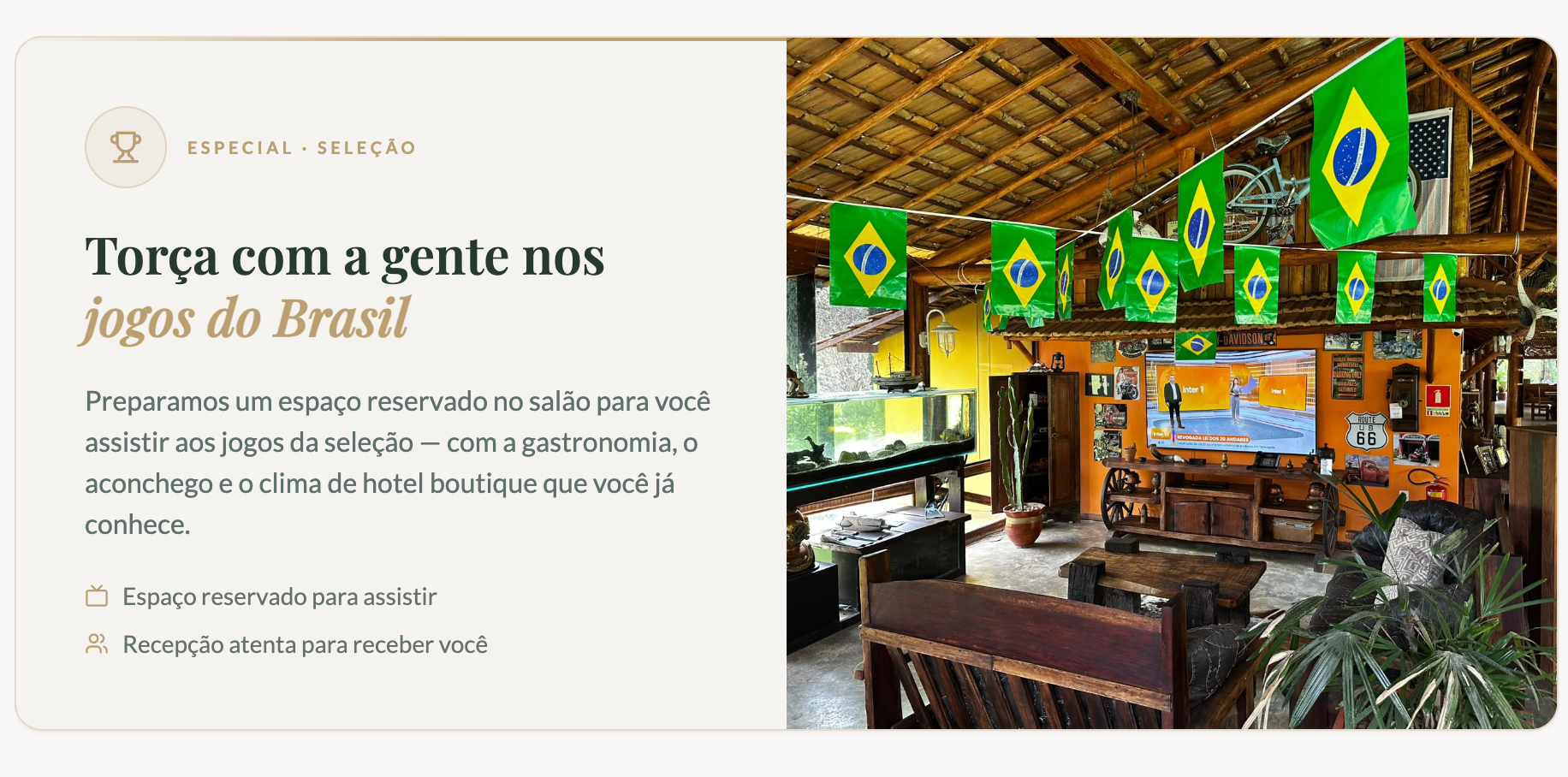 Salão do Minha Glória Hotel Boutique decorado para os jogos da seleção brasileira
