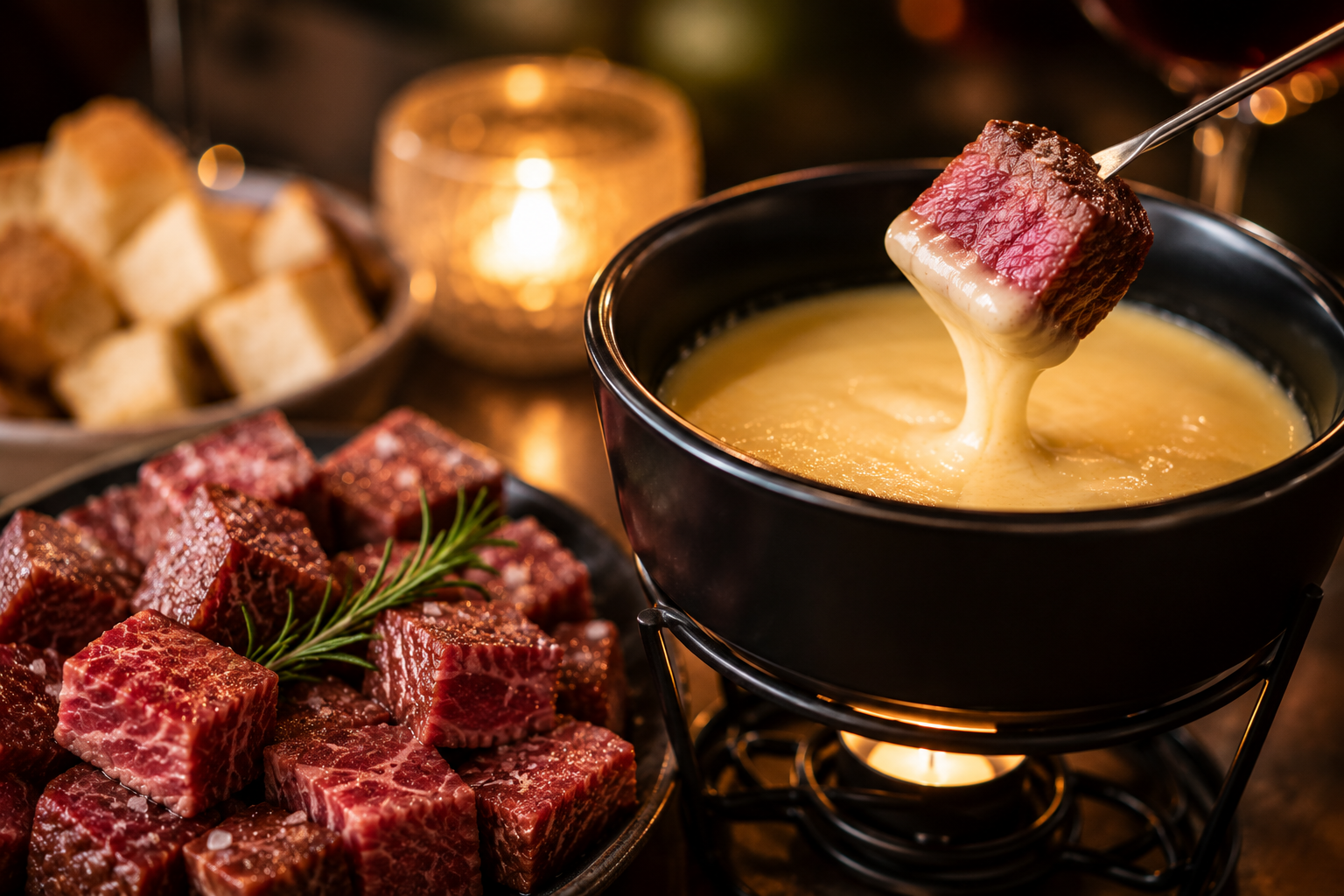 Fondue de carne servido à mesa