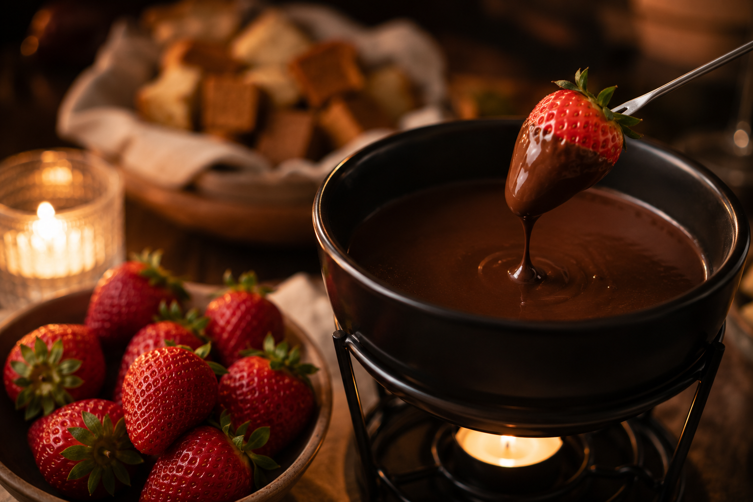 Fondue de chocolate com frutas servido à mesa