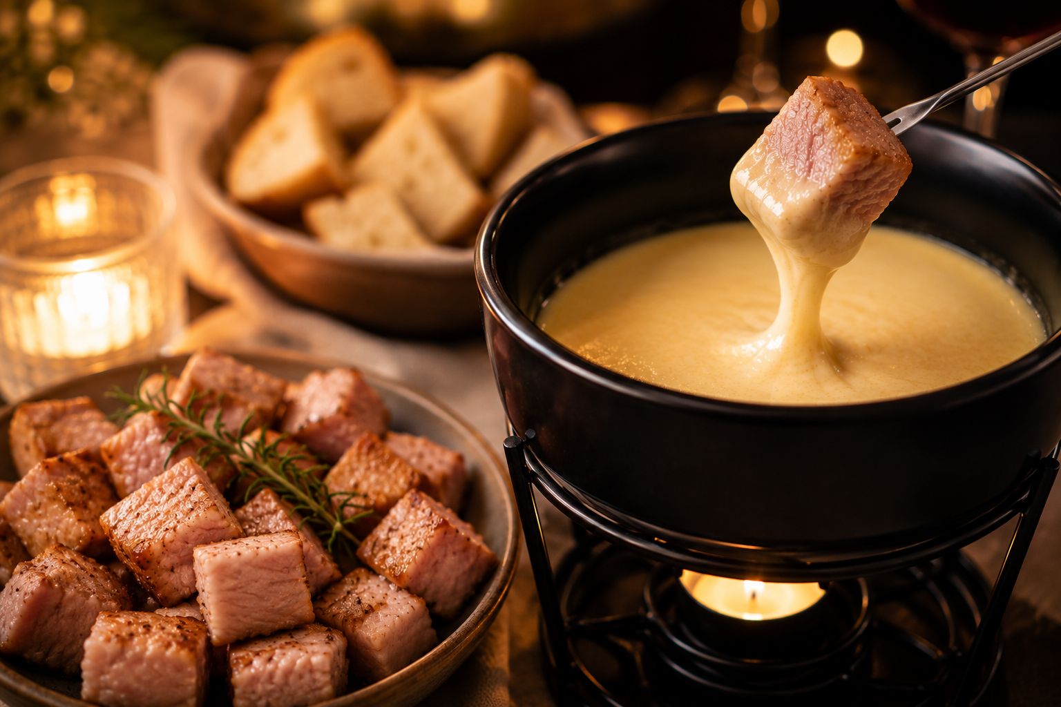 Fondue de frango servido à mesa
