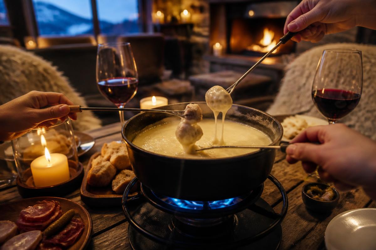 Fondue de queijo servido à mesa